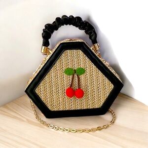 Top Handle Handbag Basket Weave And Floral Design